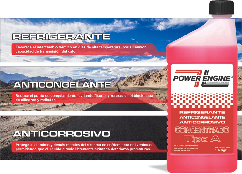 LIQUIDO ANTICONGELANTE ( ORGANICO ) POWER ENGINE 1 LITRO  (ROJO)  x 12