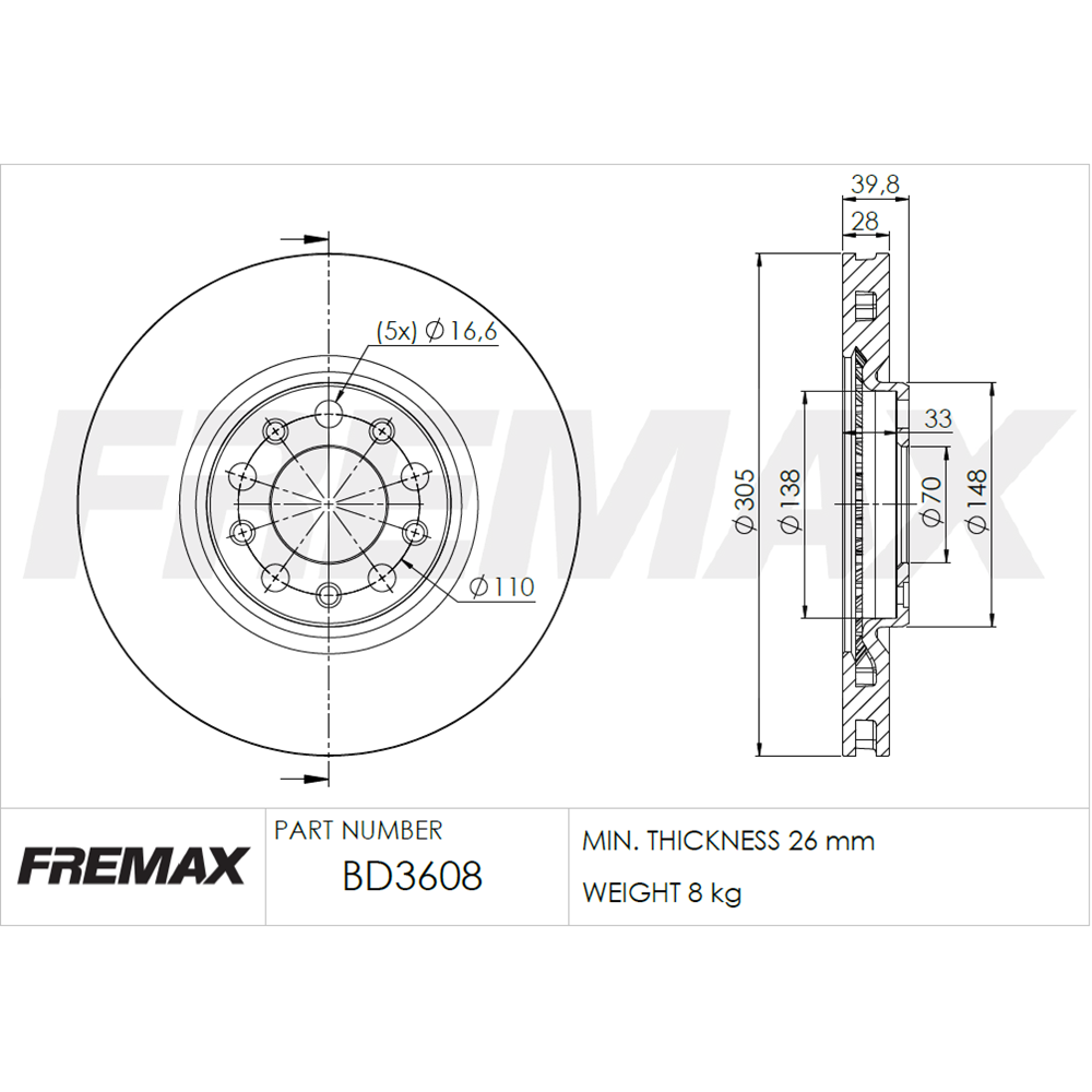 DISCO DE FRENO DEL JEEP RENEGADE 15/... (1.8)/FIAT TORO 16/... (VENTILADO-D.305-5 AGUJEROS)