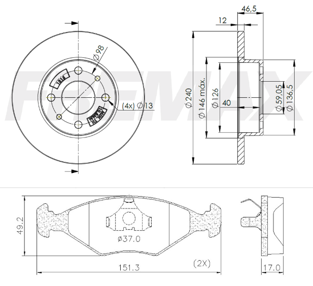 KIT  DISCO -PASTILLA DE FRENO - FIAT DUNA / UNO  ( BD 1815 (X2) - PD/25-RA)