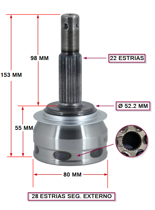 JUNTA HOMOCINETICA CHEVROLET  CORSA 1.4/1.6 - PRISMA - AGILE  EXT.: 22 INT: 28 (SEG. EXTERIOR)