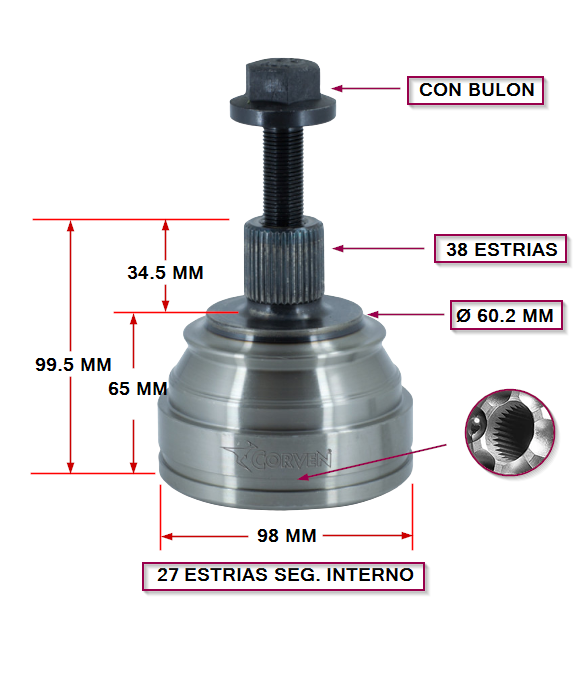 JUNTA HOMOCINETICA  VW TRANSPORTER 95/... E:38  - I:27 LADO MAZA SEGURO INTERIOR