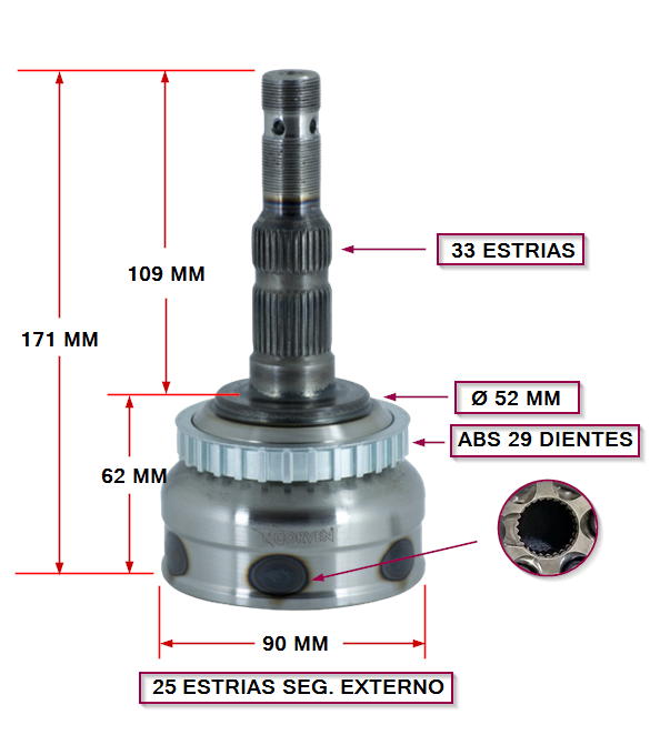 JUNTA HOMOCINETICA GMC VECTRA/KADETT/ASTRA /ZAFIRA C/ABS E:33 /I:25   ABS:29 SEG. EXTERNO