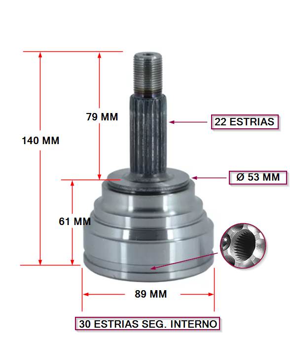 JUNTA HOMOCINETICA VW GOLF/CARAT /POLO D / FOX /SURAN  E: 22 / I:30 SEGURO INTERNO