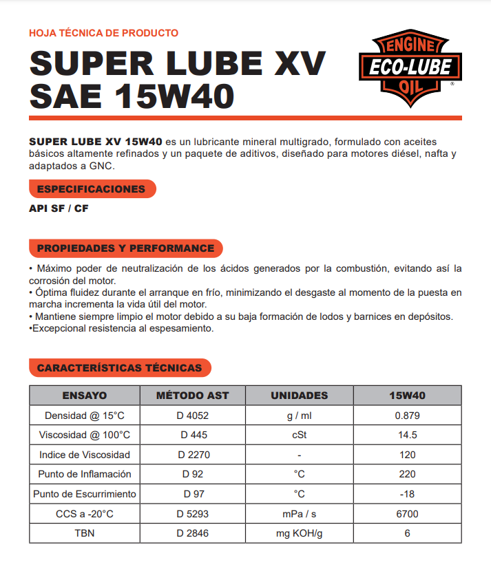 ECO-LUBE 15W40 SUPER LUBE XV - SF/CF BALDE x 20 LTS.