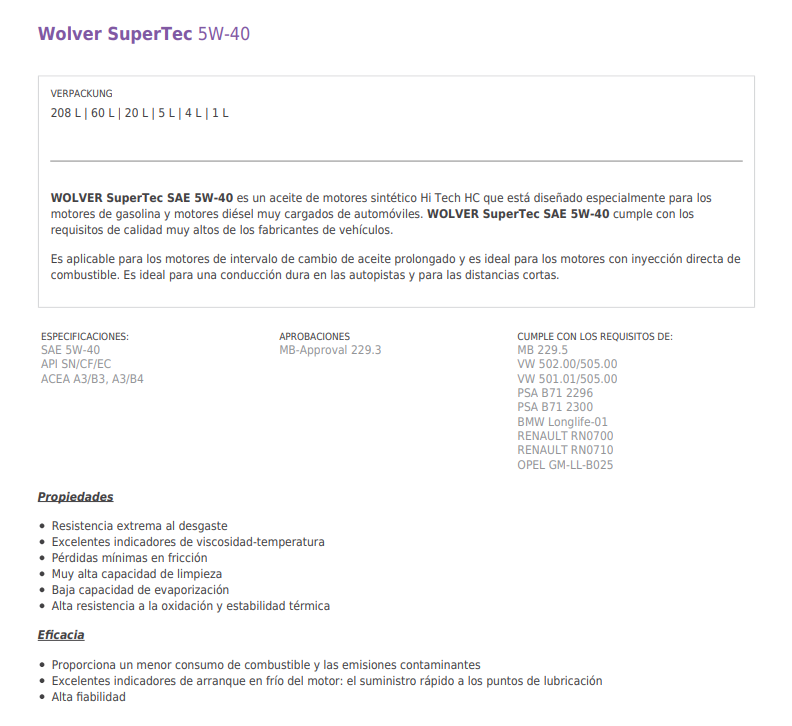 ACIETE WOLVER SUPERTEC SAE 5W40 X 4 LITROS (CAJA X 4)
