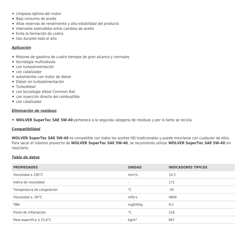 ACIETE WOLVER SUPERTEC SAE 5W40 X 4 LITROS (CAJA X 4)