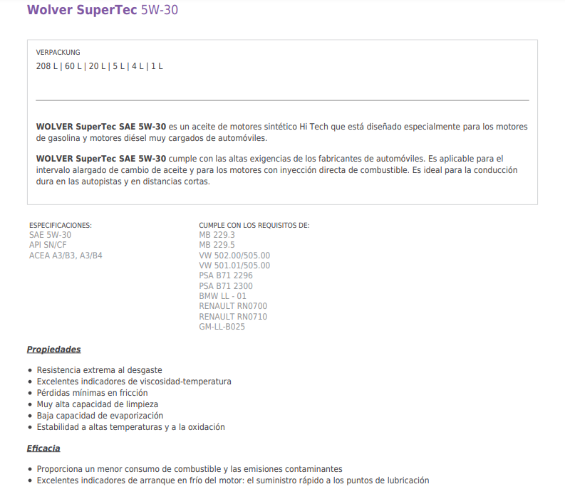 ACEITE WOLVER SUPERTEC SAE 5W30 X 4 LITROS CAJA X 4)