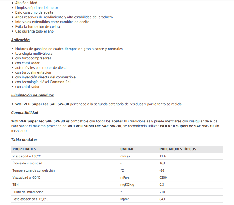 ACEITE WOLVER SUPERTEC SAE 5W30 X 4 LITROS CAJA X 4)