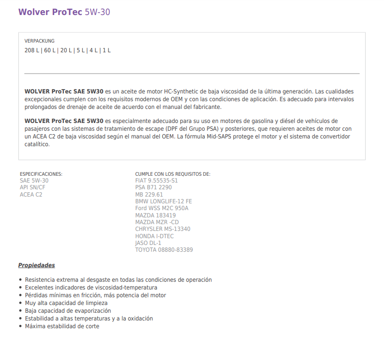 ACEITE WOLVER PROTEC 5W30 C2 X 4 LITROS (CAJA X 4)