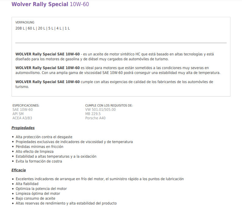 ACEITE WOLVER RALLY SPECIAL SAE 10W60 X 5 LITROS (CAJA X 4)
