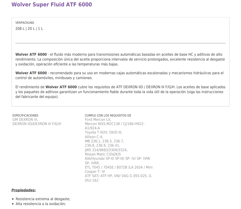 WOLVER SUPER FLUID ATF 6000 DEXRON VI SINTETICO   X 1 LITRO (CAJA X 6)