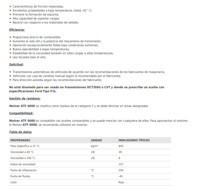 WOLVER SUPER FLUID ATF 6000 DEXRON VI SINTETICO   X 1 LITRO (CAJA X 6)