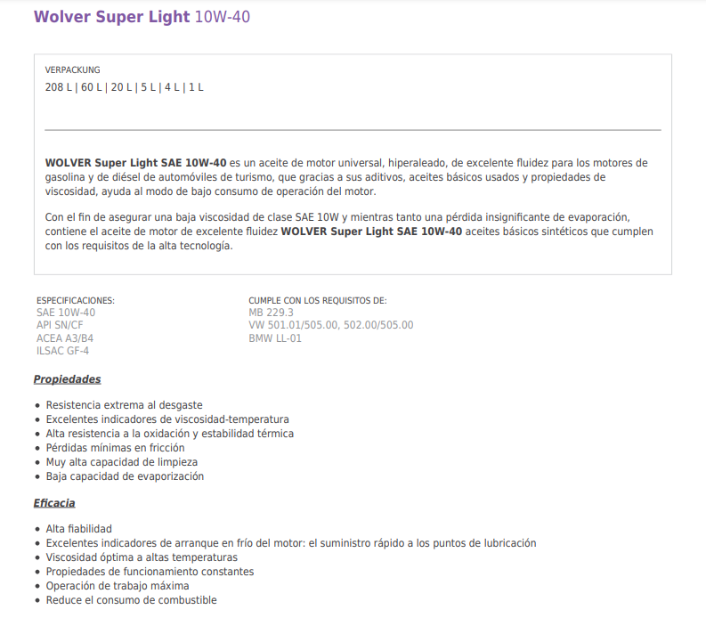 ACEITE WOLVER SUPER LIGTH SAE 10W40 X 1 LITRO (CAJA X 6)