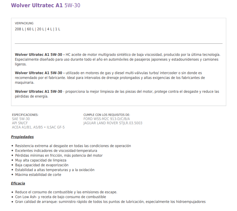 ACEITE WOLVER ULTRATEC A1 SAE 5W30 X 5 LITROS (CAJA X 4) RANGER