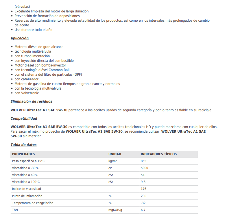 ACEITE WOLVER ULTRATEC A1 SAE 5W30 X 5 LITROS (CAJA X 4) RANGER