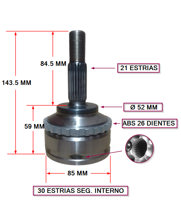 HOMOCINETICA RENAULT CLIO MIO / KANGOO - E: 21 I:30  (SEGURO INTERIOR)  ABS: 26 ESTRIAS