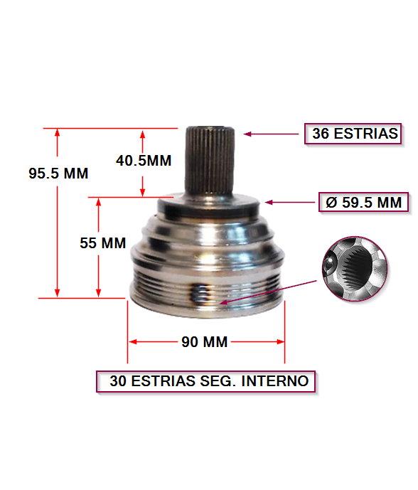 JUNTA HOMOCINETICA VW VENTO/PASSAT/SCIROCCO/ GOLF IV/ PASSAT CC - AUDI A3/QUATTRO/TT/S3 - SEAT LEON/TOLEDO - E: 36  - I: 30 SEG. INTERNO - CON BULON