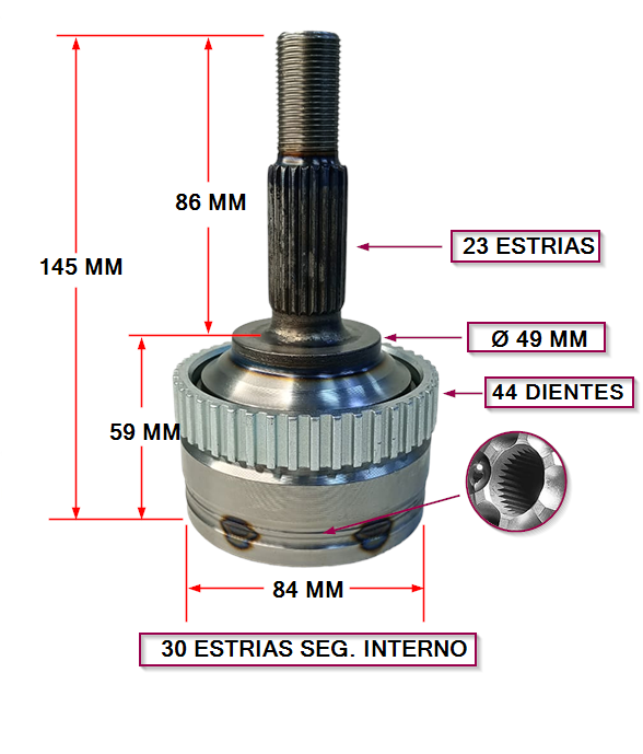 JUNTA HOMOCINETICA RENAULT KANGOO /CLIO III CON ABS 44 DIENTES E: 30 I: 23 SEG. INTERNO.