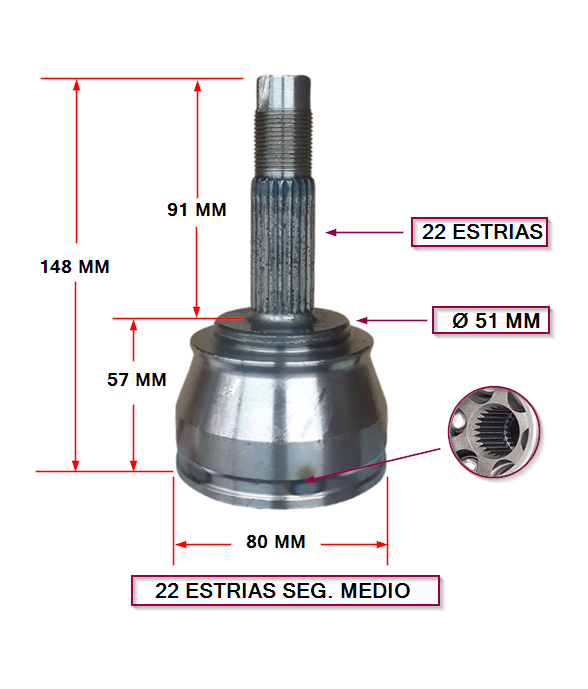 JUNTA HOMOCINETICA FIAT DOBLO / IDEA /PALIO WEEK / SIENA E:22 /I:22 SEG. MEDIO (148 MM ALT)